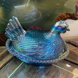 Indiana glass blue hen on nest iridescent candy dish, Carnival glass